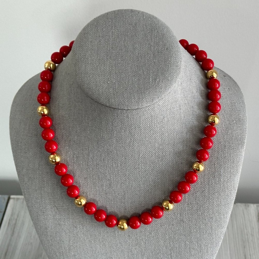 Napier Fabulous Vintage Beaded Necklace Red & Gold Tone Beads Pat #
